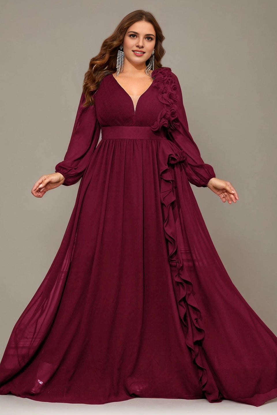 Plus Size Burgundy A Line V Neck Long Sleeve V‑Zip Back Long Prom Dress