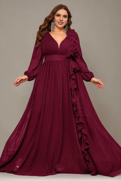 Plus Size Burgundy A Line V Neck Long Sleeve V‑Zip Back Long Prom Dress