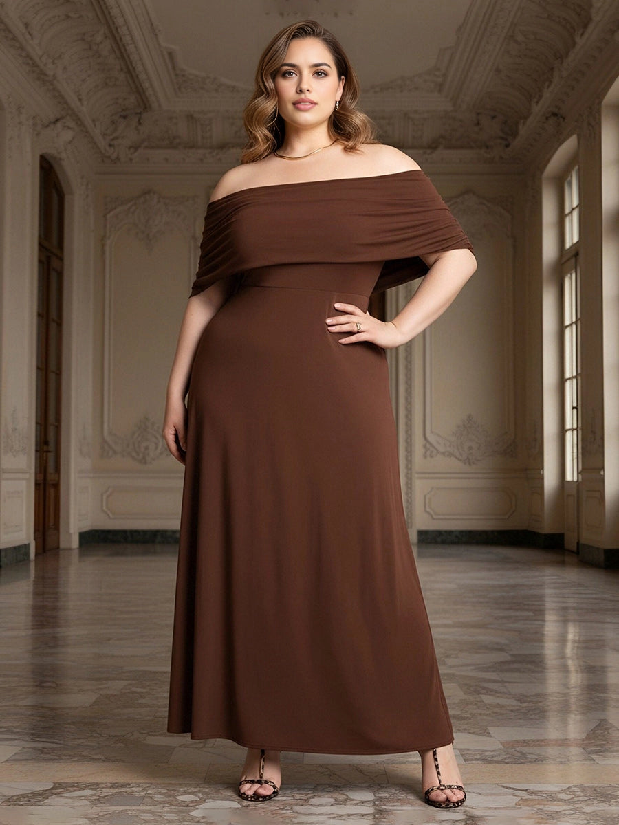 Chic A‑Line Off‑The‑Shoulder Short‑Sleeve Draped‑Back Midi Plus Size Wedding Guest Dress