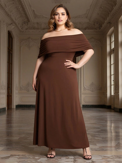 Chic A‑Line Off‑The‑Shoulder Short‑Sleeve Draped‑Back Midi Plus Size Wedding Guest Dress