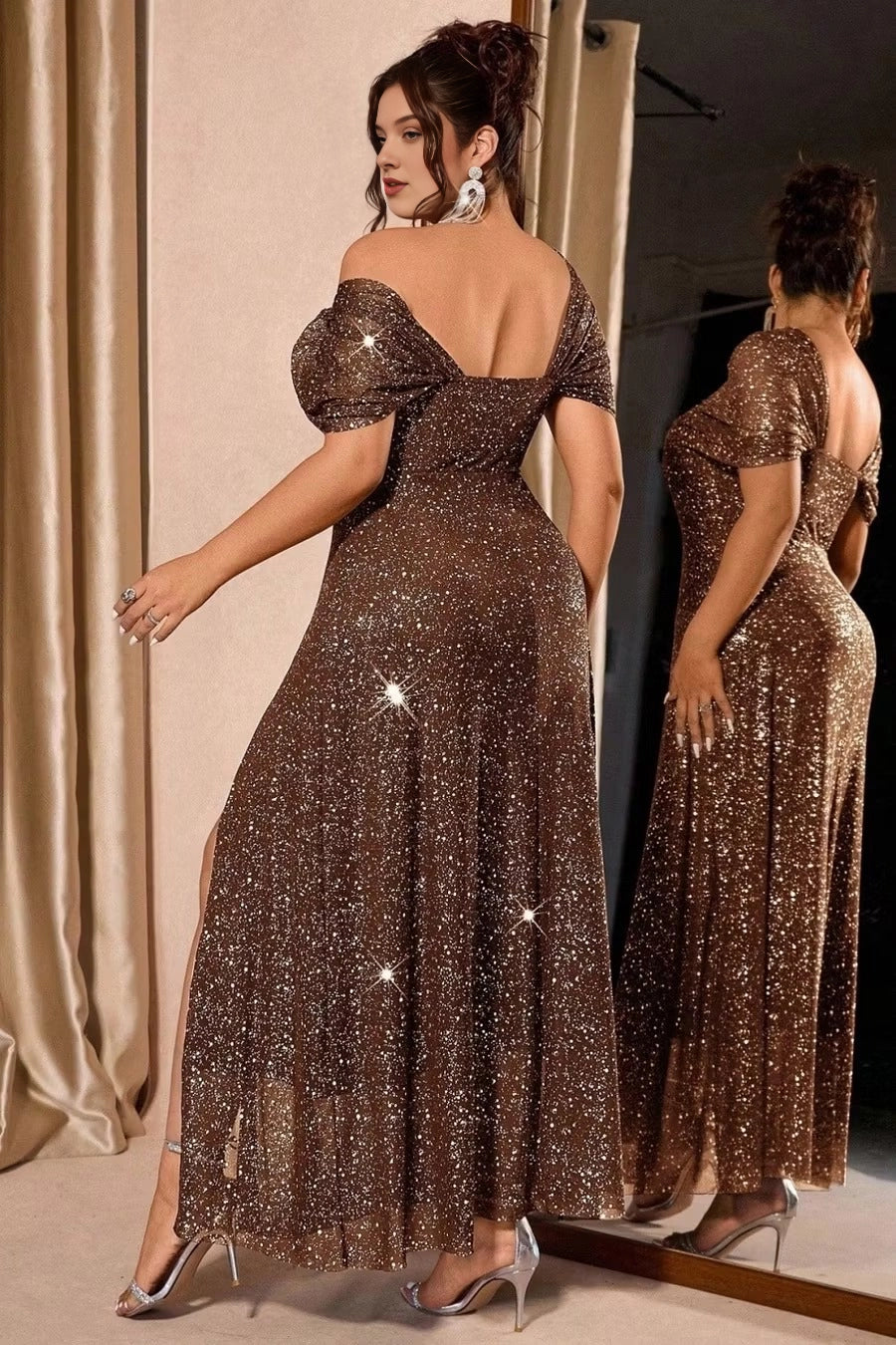 Glamorous Plus Size Sheath Off-the-Shoulder Long Evening Dress