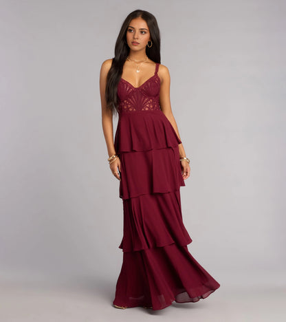 Roselledress burgundy lace spaghetti strap tiered chiffon bridesmaid maxi dress front view