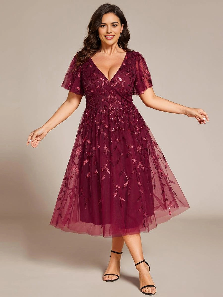 Roselledress burgundy leaf sequin tulle wrap V-neck plus size midi dress front view