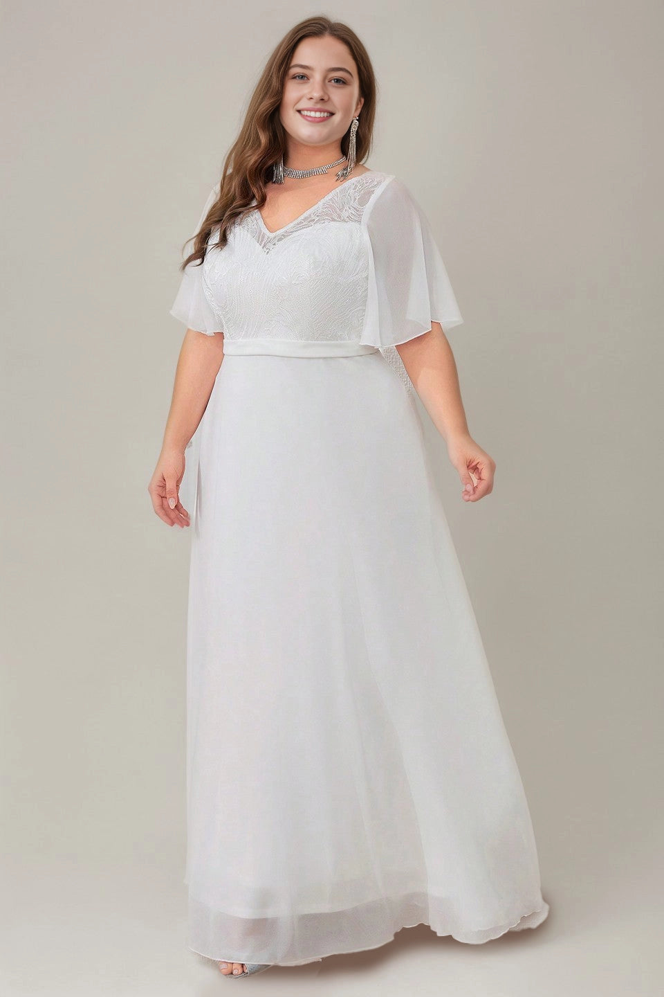 Soft Plus Size A-Line V-Neck Flutter-Sleeve Lace-Back Floor-Length Mother Of Bride Dress