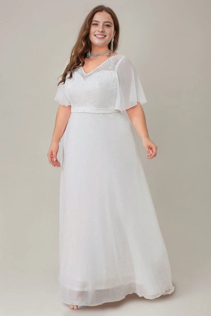 Soft Plus Size A-Line V-Neck Flutter-Sleeve Lace-Back Floor-Length Mother Of Bride Dress