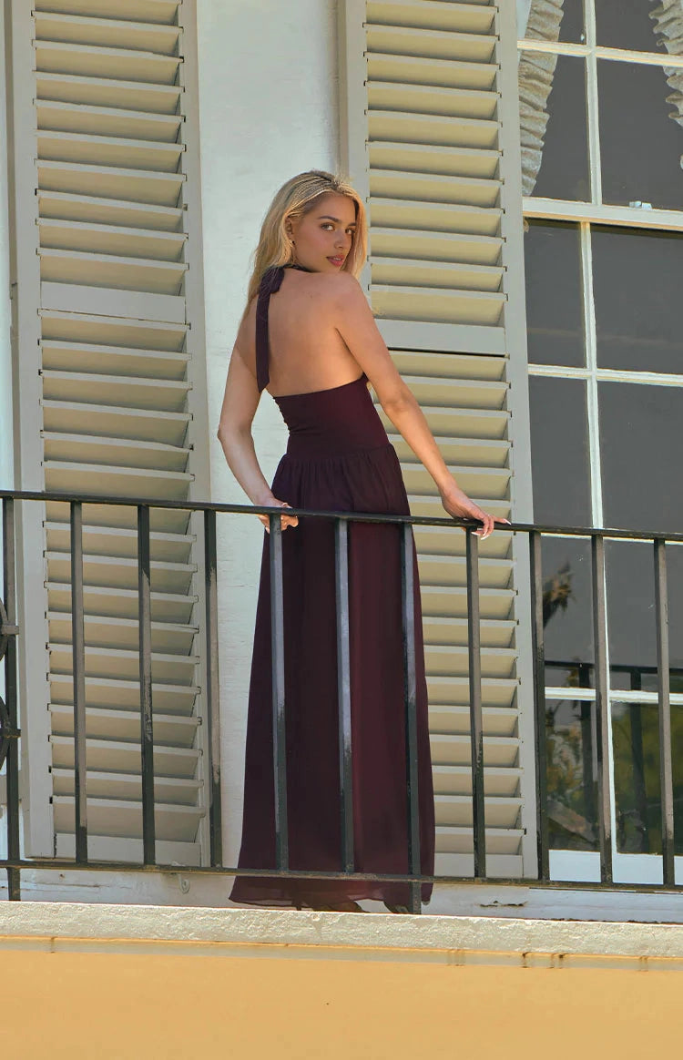 Burgundy A-Line Halter Plung Neck Sleeveless Tie Back Floor-Length Prom Dress