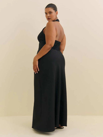 Roselle Dress plus size black halter wedding guest gown, smocked open‑back design, floor‑length maxi dress back view