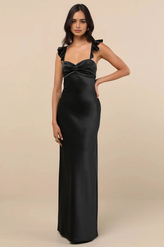 roselledress solid black glossy shiny satin flutter ruffle thin spaghetti ruched sweetheart bust seamless fitted mermaid long cocktail gown neutral beige studio full front shot