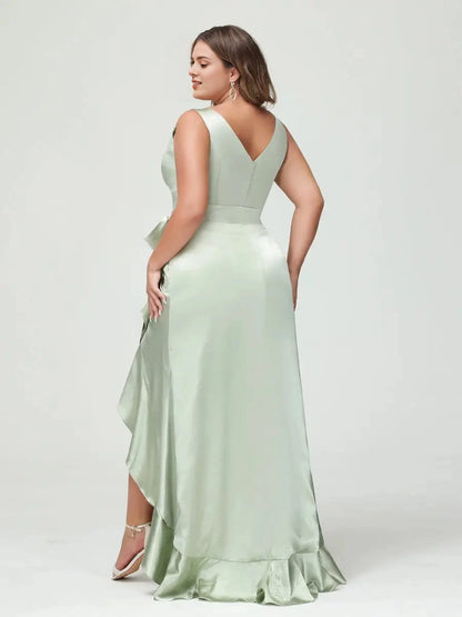 Roselledress light sage green curve friendly maxi dress v back invisible zipper high low ruffle formal prom gown