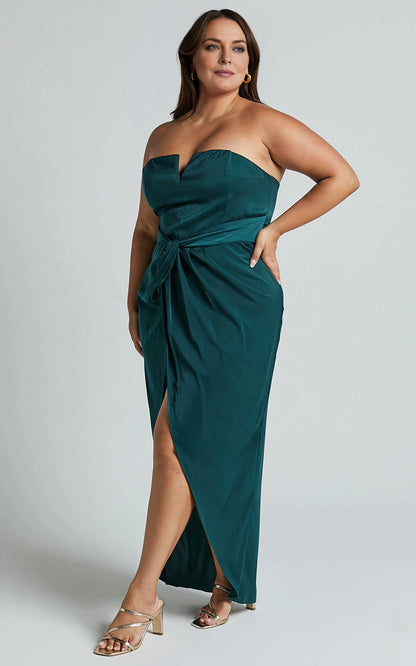 Halter Cross Back Ruched Waist Satin Midi Plus Size Bridesmaid Dress