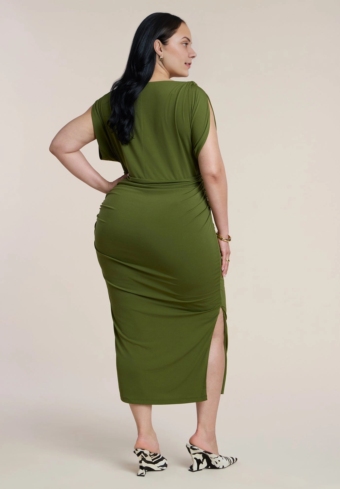 Roselle Dress plus size olive green ruched side‑slit midi formal wedding guest dress back view