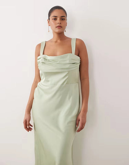 Satin Pleated Square‑Neck Wide‑Strap Back‑Slit Maxi Plus Size Bridesmaid Dress