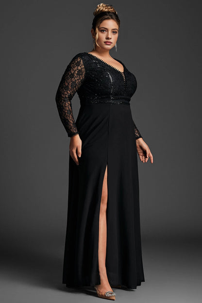 Glamorous A-Line Deep-V Long-Sleeve Solid-Back Slit Floor-Length Plus Size Mother Of Bride Dress