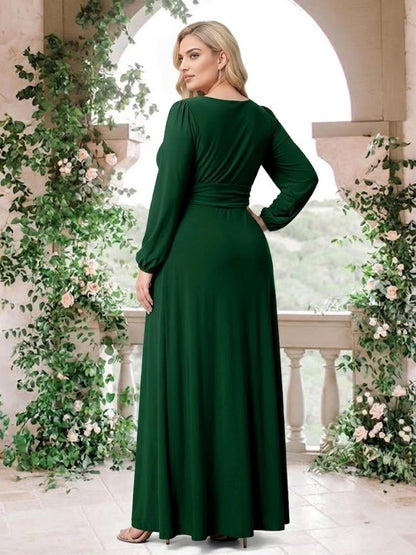 RoselleDress emerald green plus‑size a‑line wedding guest gown round back neckline puff long sleeve dress back view floor‑length formal mother of bride gown