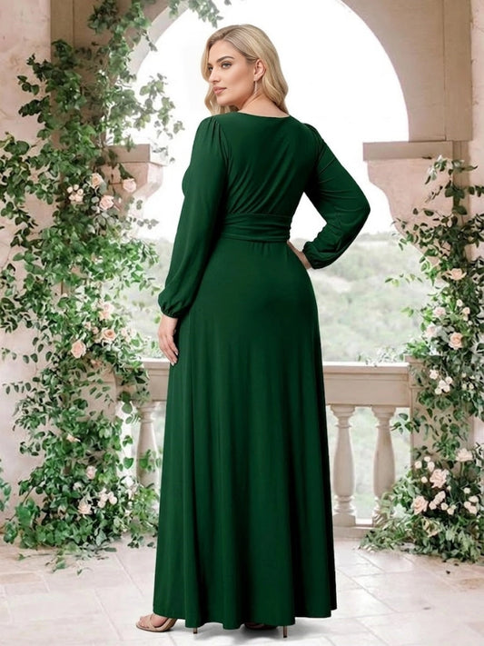 RoselleDress emerald green plus‑size a‑line wedding guest gown round back neckline puff long sleeve dress back view floor‑length formal mother of bride gown