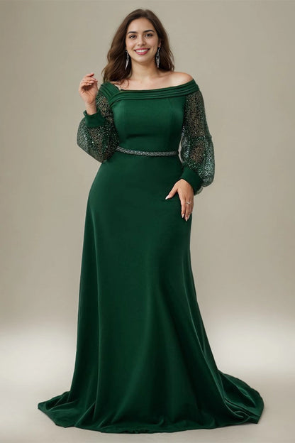 Vedress forest green plus size off shoulder long prom dress sequin mesh long sleeve mermaid evening gown with pockets