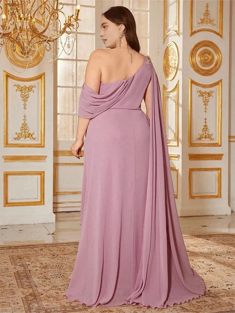 Roselledress vintage mauve plus size formal gown back view,open‑back chiffon floor‑length mother of bride dress with long flowing cape drape