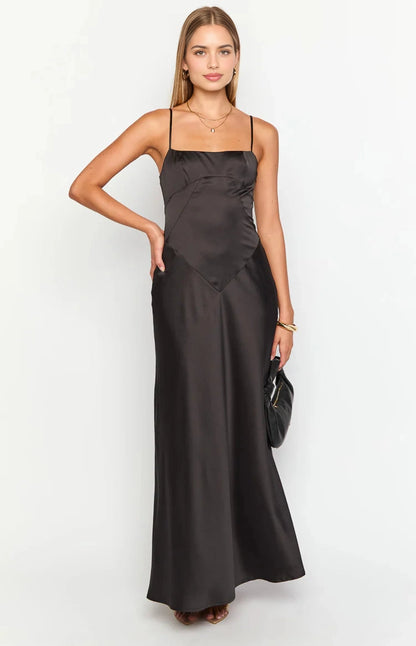 Black A-Line Square Neck Spaghetti Lace Up Back  Long Prom Dress