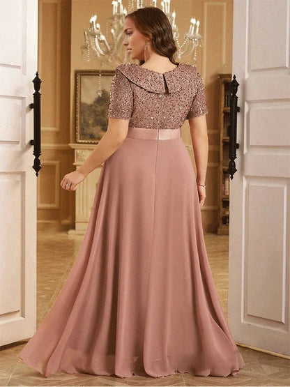 Roselledress dusty rose plus size gown back view,zip‑back ruffle collar sequin bodice mother of bride long dress