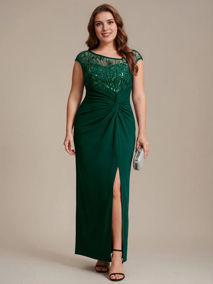 roselledress forest green plus size wedding guest floor sheath dress boat neck cap sleeve leaf sequin mesh twisted waist front high slit formal evening gown