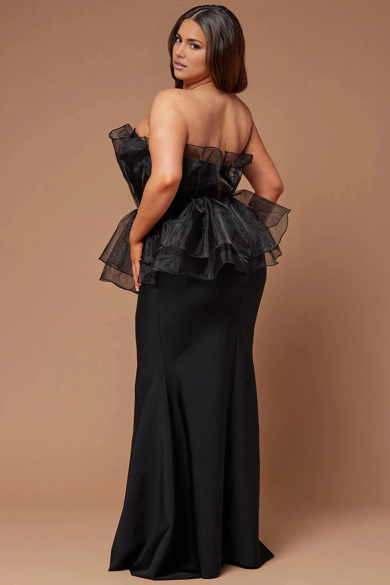 Roselledress black formal gown open back strapless organza peplum plus size floor‑length prom dress back view