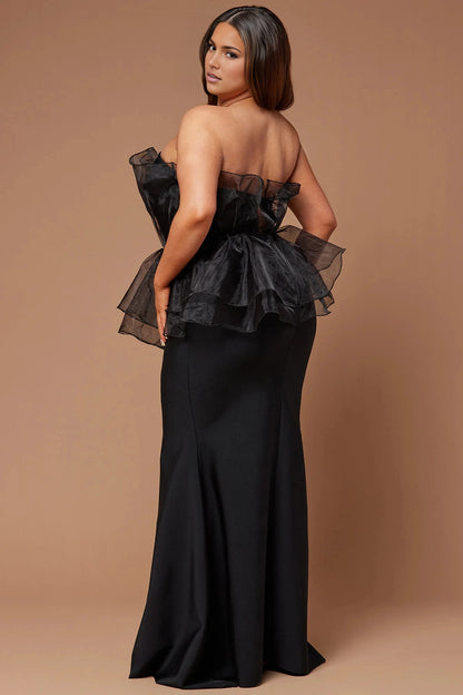 Roselledress black formal gown open back strapless organza peplum plus size floor‑length prom dress back view