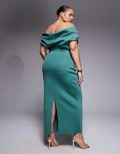 Back view of roselledress deep teal off‑shoulder back‑slit structured plus size formal midi‑maxi gown