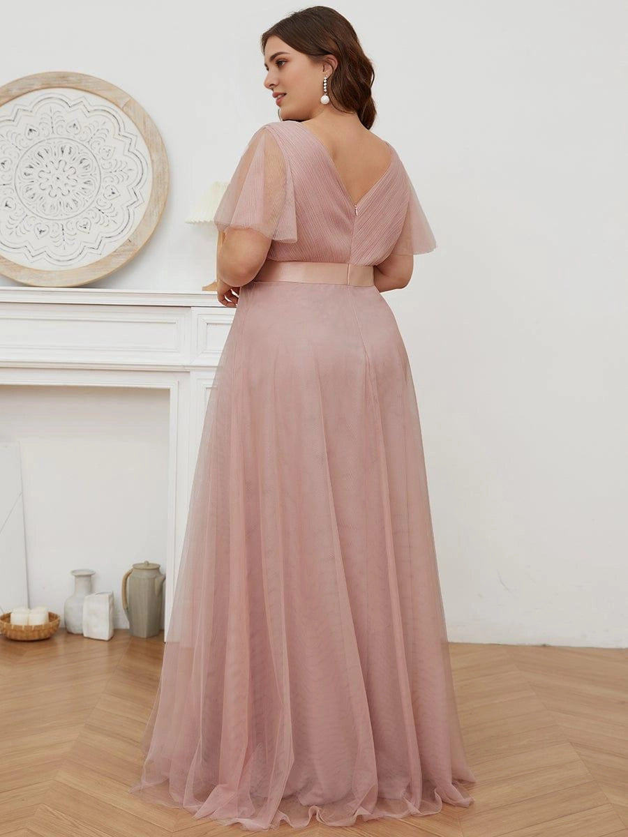 roselledress blush mesh formal dress plus size deep v back zipper floor length wedding guest gown