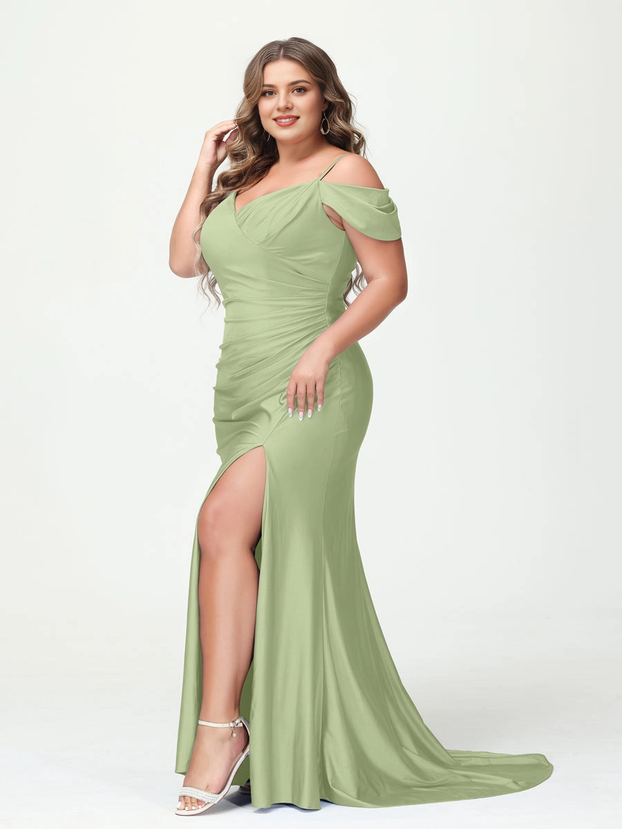 Roselledress Ruched Mermaid Off-Shoulder V Open-Back Slit Maxi Plus Size Prom Dress