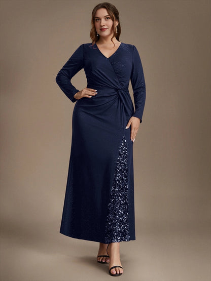 Plus Size Glitter V-Neck Long Sleeve Twist Slit Mermaid Wedding Guest Dress