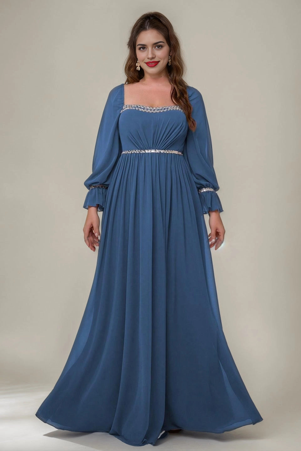 Olive Green Plus Size A-Line Square Long Sleeve Criss Cross Back Long Prom Dress