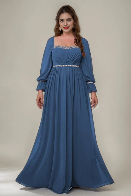 Olive Green Plus Size A-Line Square Long Sleeve Criss Cross Back Long Prom Dress