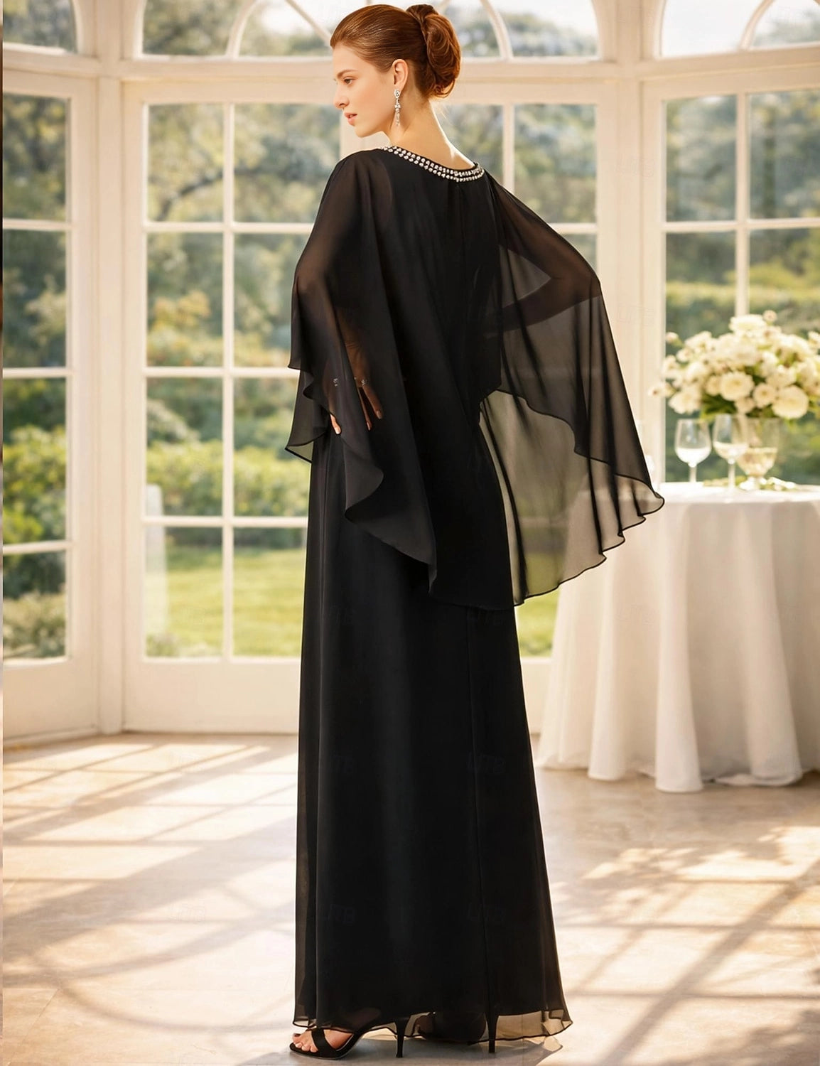 roselledress plus size chiffon evening dress jewel neck cape sleeve closed back floor‑length mother formal gown