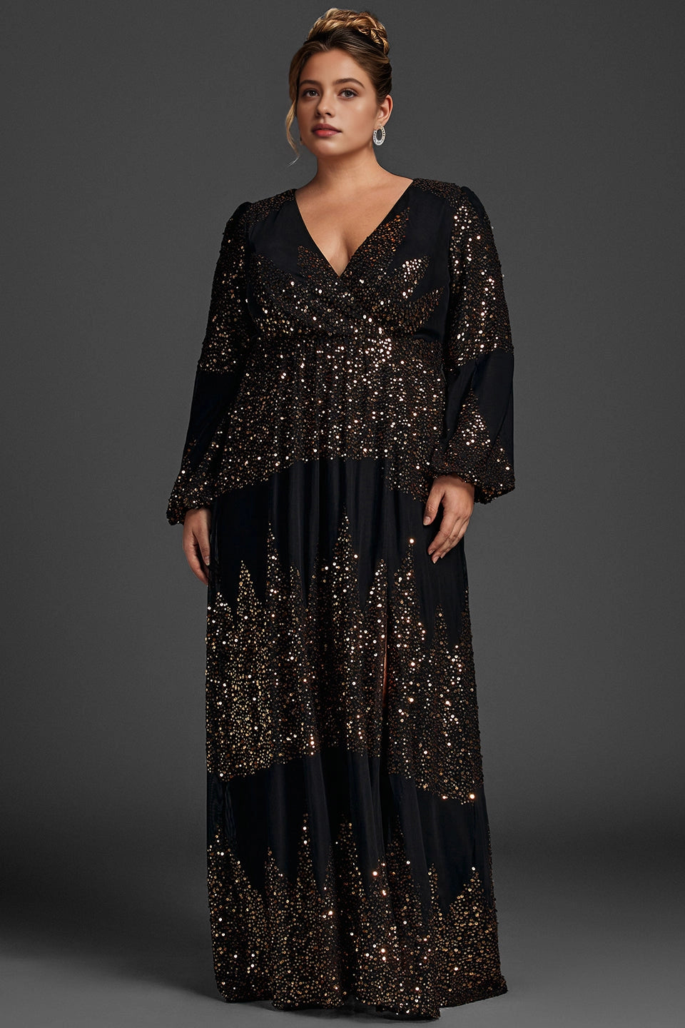 roselledress black plus size mother of bride dress gold sequin long sleeve v neck floor length formal gown