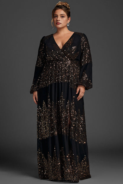 roselledress black plus size mother of bride dress gold sequin long sleeve v neck floor length formal gown