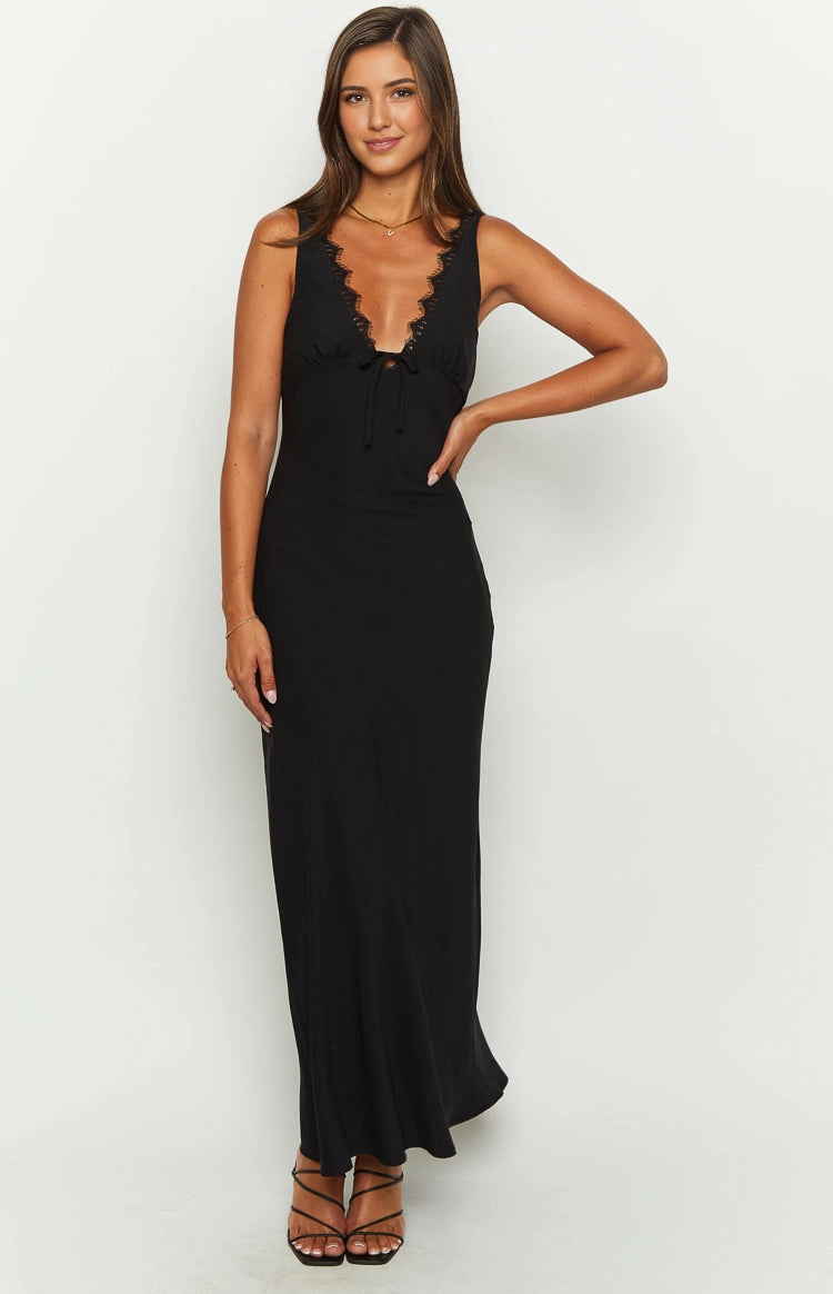 Black Slip Mermaid Lace V Neck Spaghetti Strap Open Back Long Prom Dress
