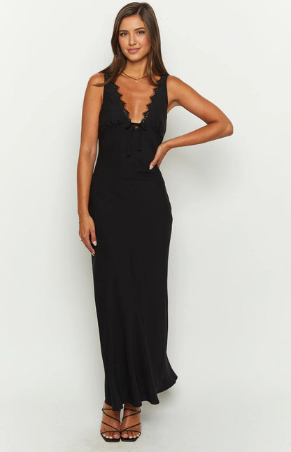 Black Slip Mermaid Lace V Neck Spaghetti Strap Open Back Long Prom Dress
