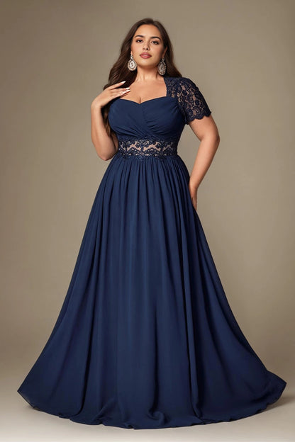 Vedress navy plus size sweetheart long prom dress lace short sleeve chiffon a-line evening gown