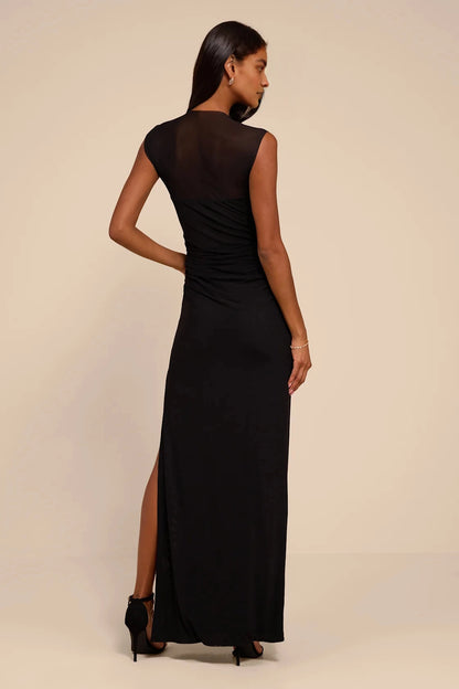 roselledress minimalist black slim formal gown seamless full sheer mesh low open back invisible side zipper cap sleeve stretch knit cocktail party dress back view