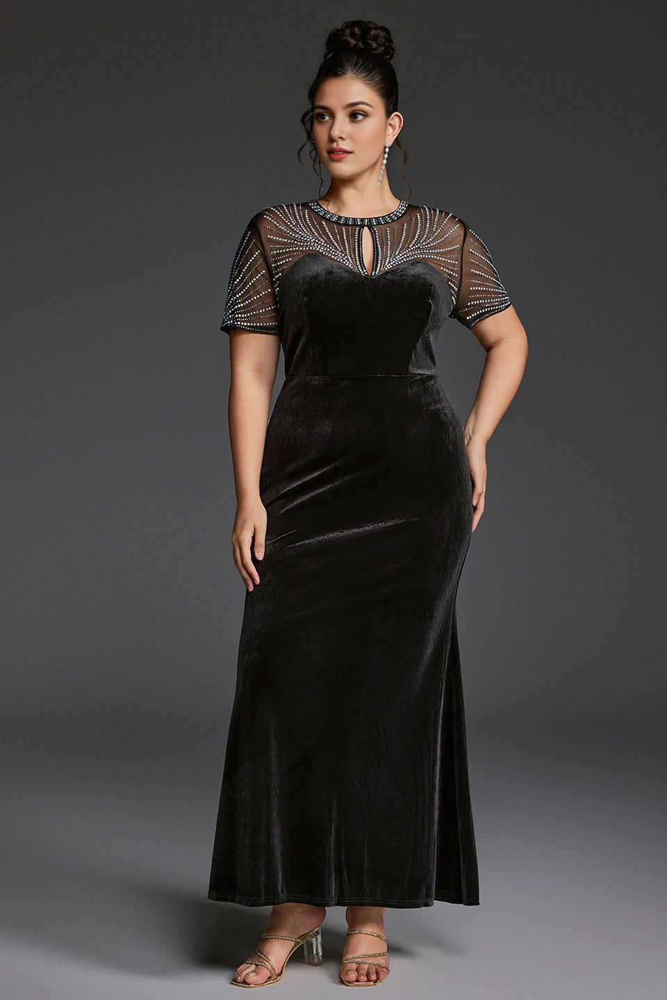 Plus Size Black Mermaid Keyhole‑Neck Short‑Sleeve Sheer‑Back Ankle‑Length Prom Dress