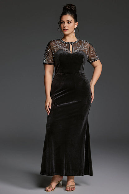 Plus Size Black Mermaid Keyhole‑Neck Short‑Sleeve Sheer‑Back Ankle‑Length Prom Dress