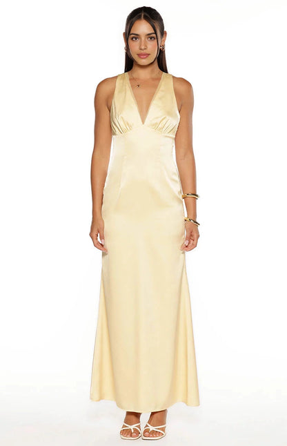 RoselleDress pale yellow satin a line bridesmaid dress deep v sleeveless gathered bust white studio shot