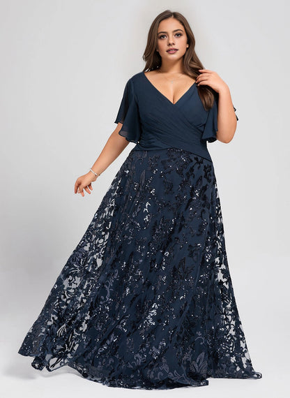 Flowy A-line V-Neck Flutter-Sleeve V-Back Maxi plus size Mother Of Bride Dress