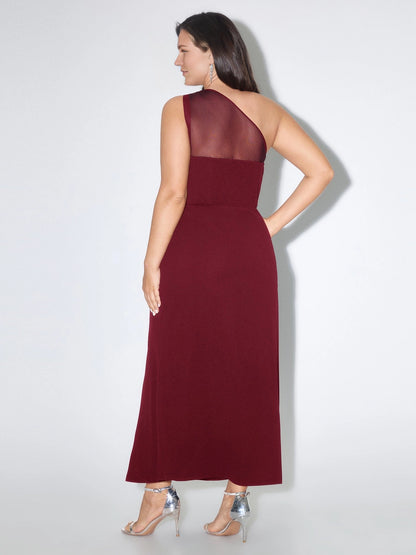 Back view of roselledress wine red mesh back sleeveless plus size formal midi wedding guest dress