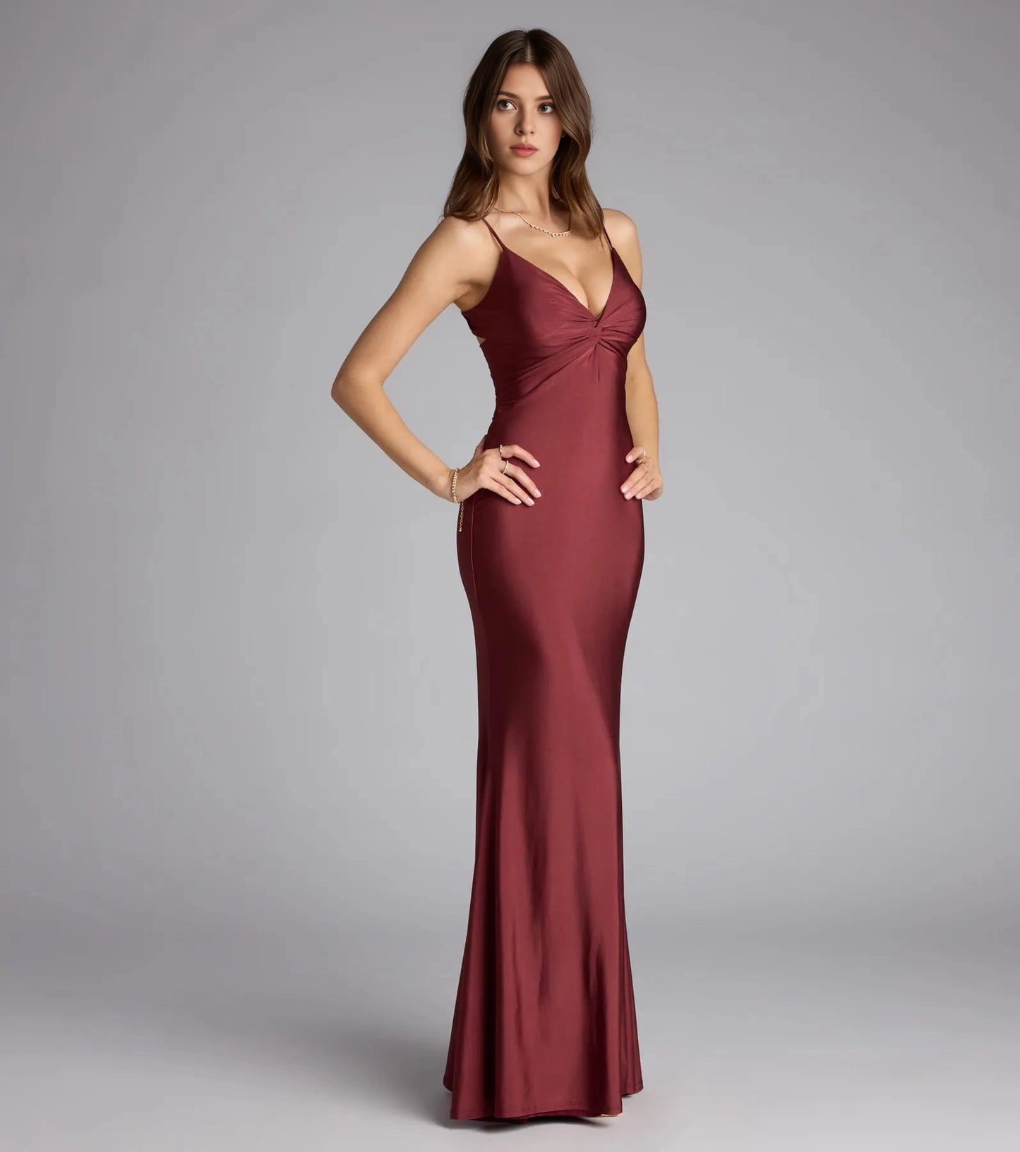 Burgundy Satin Mermaid Twist V-Neck Sleeveless Twist Cutout Back Maxi Prom Dress