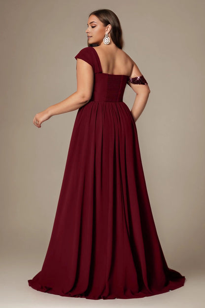 Navy Plus Size A-Line Off Shoulder Asymmetric Sleeve Straight Back Long Prom Dress