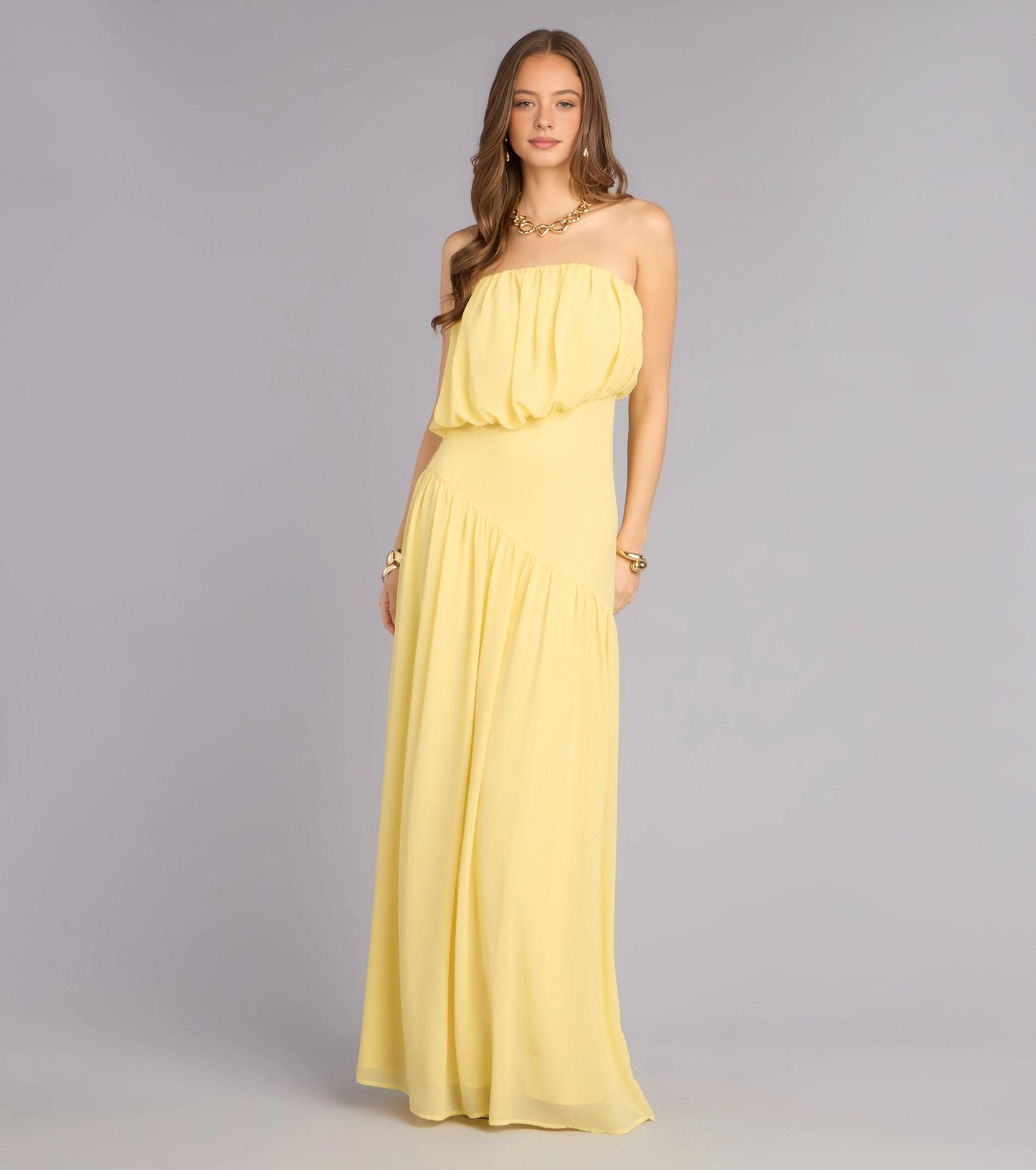 RoselleDress pale yellow chiffon A-line bridesmaid dress strapless bubble tube diagonal seam grey studio shot