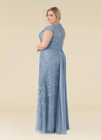 Stunning Mermaid Round‑Neck Cap‑Sleeve Illusion‑Back Floor‑Length Plus Size Mother Of The Bride Dress