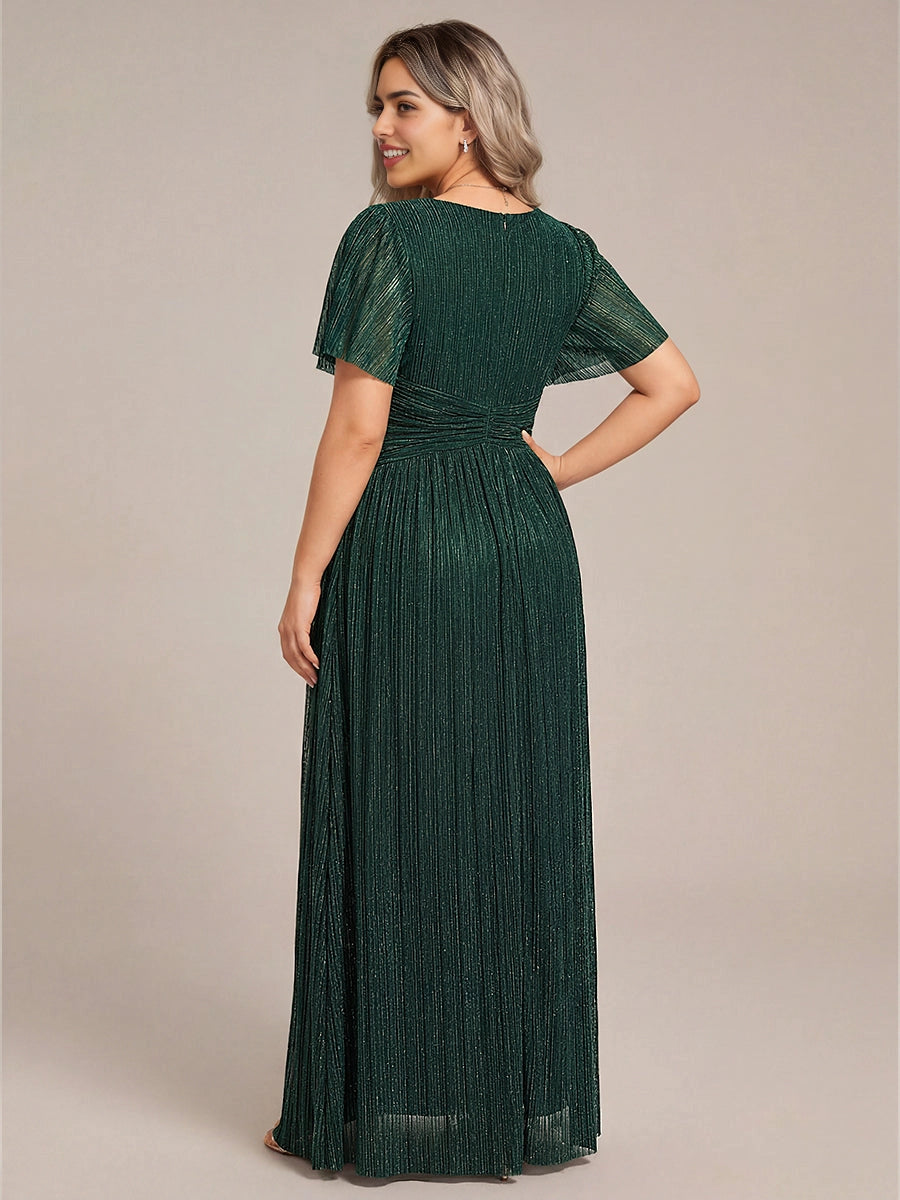 Roselledress glitter vertical pleated plus size maxi formal dress center invisible zipper back shot