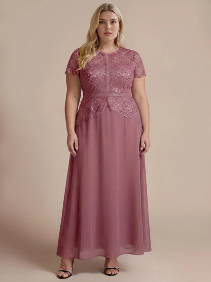 Roselledress Black A Line High Neck Short Sleeve Zip Back Maxi Plus Size Wedding Guest Dress 